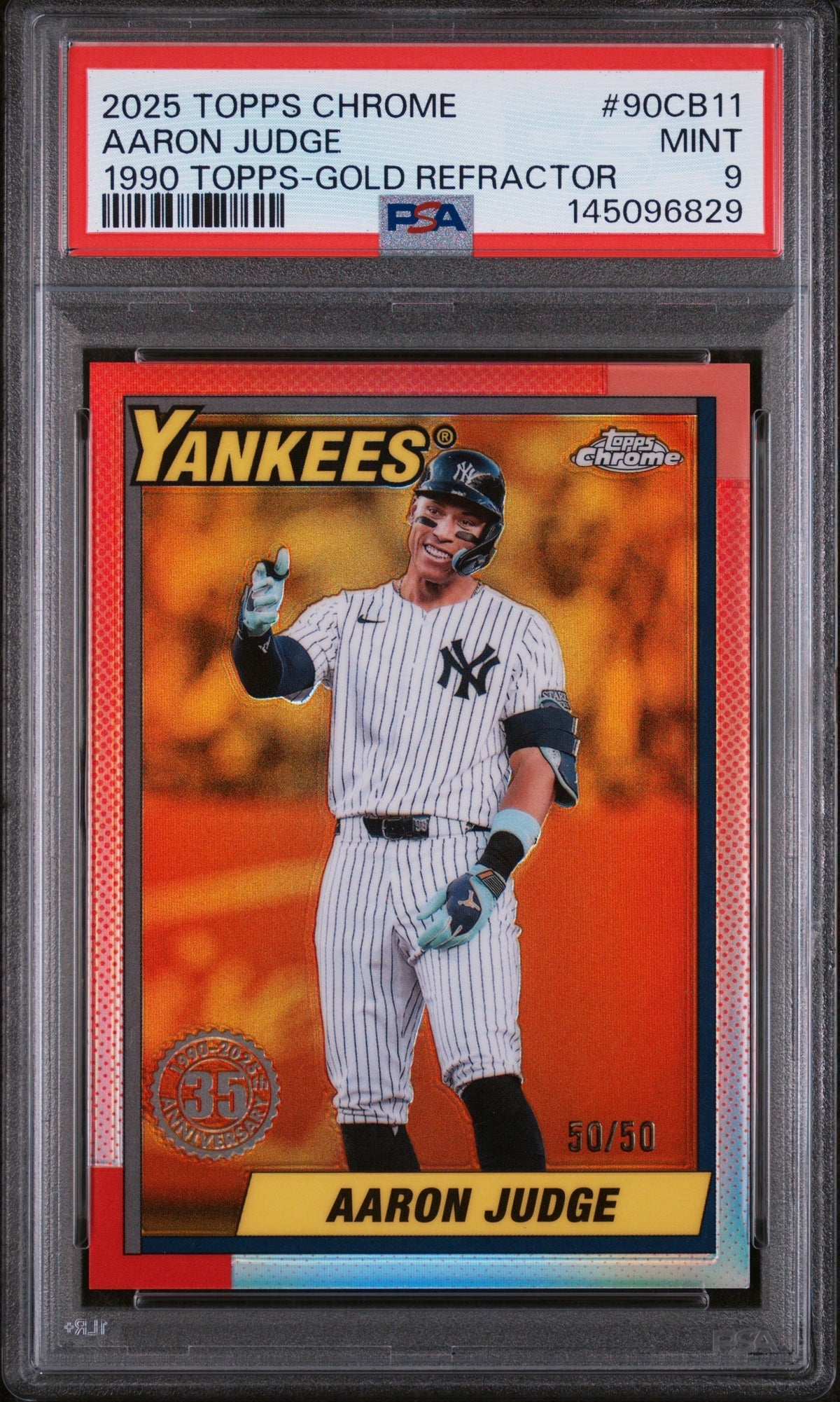 2025 Topps Chrome 1990 Topps #90CB11 Aaron Judge 1990 Topps-Gold Refractor PSA 9