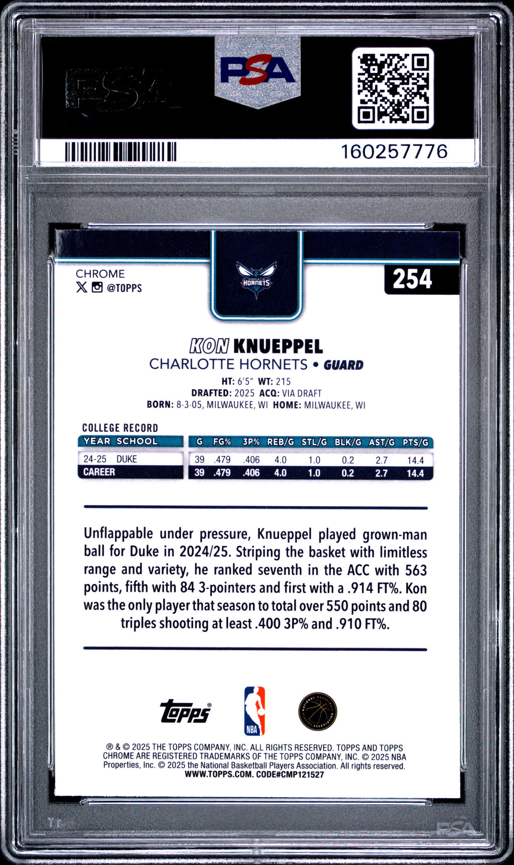 2025 Topps Chrome Sapphire Edition Topps #254 Saphire Kon Knueppel PSA 9