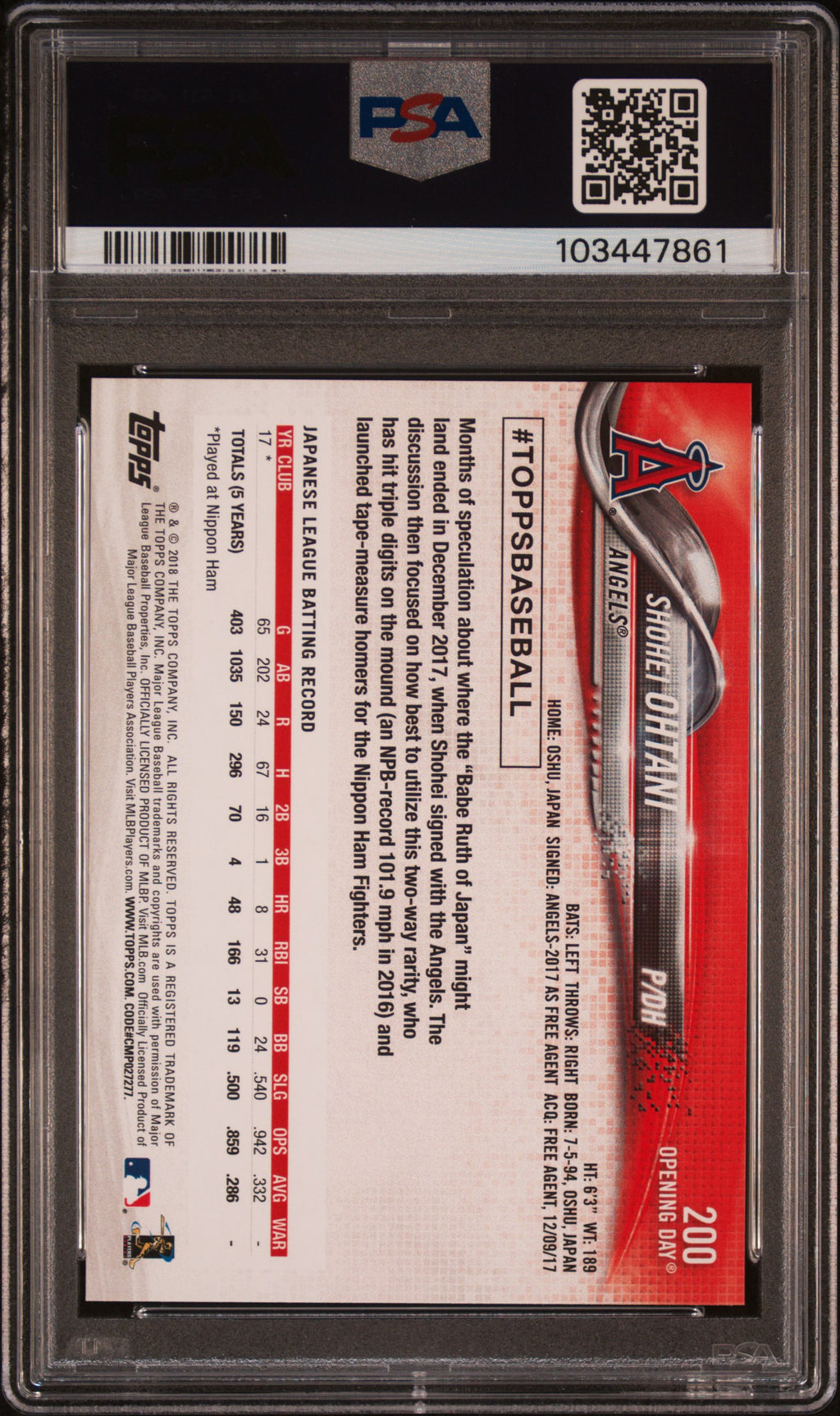 2018 Topps Opening Day #200 Shohei Ohtani PSA 10