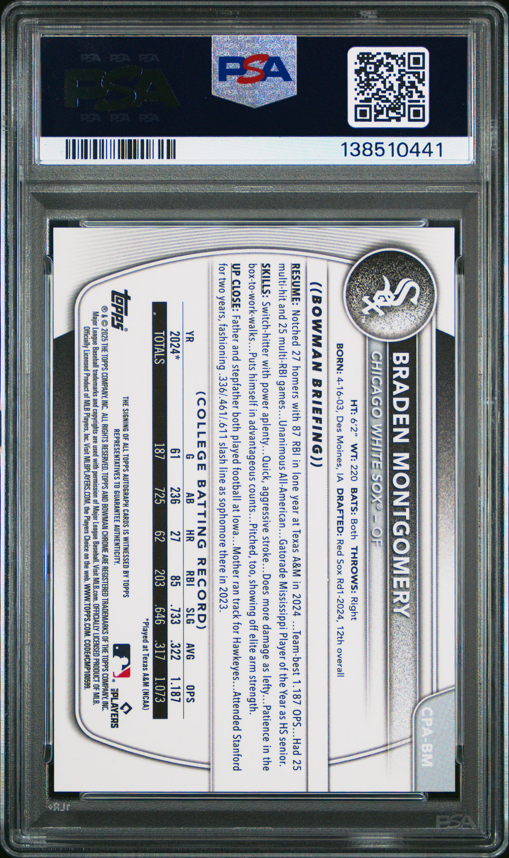 2025 Bowman Chrome Prospect Auto #CPABM Green Grass Braden Montgomery PSA 10 #99