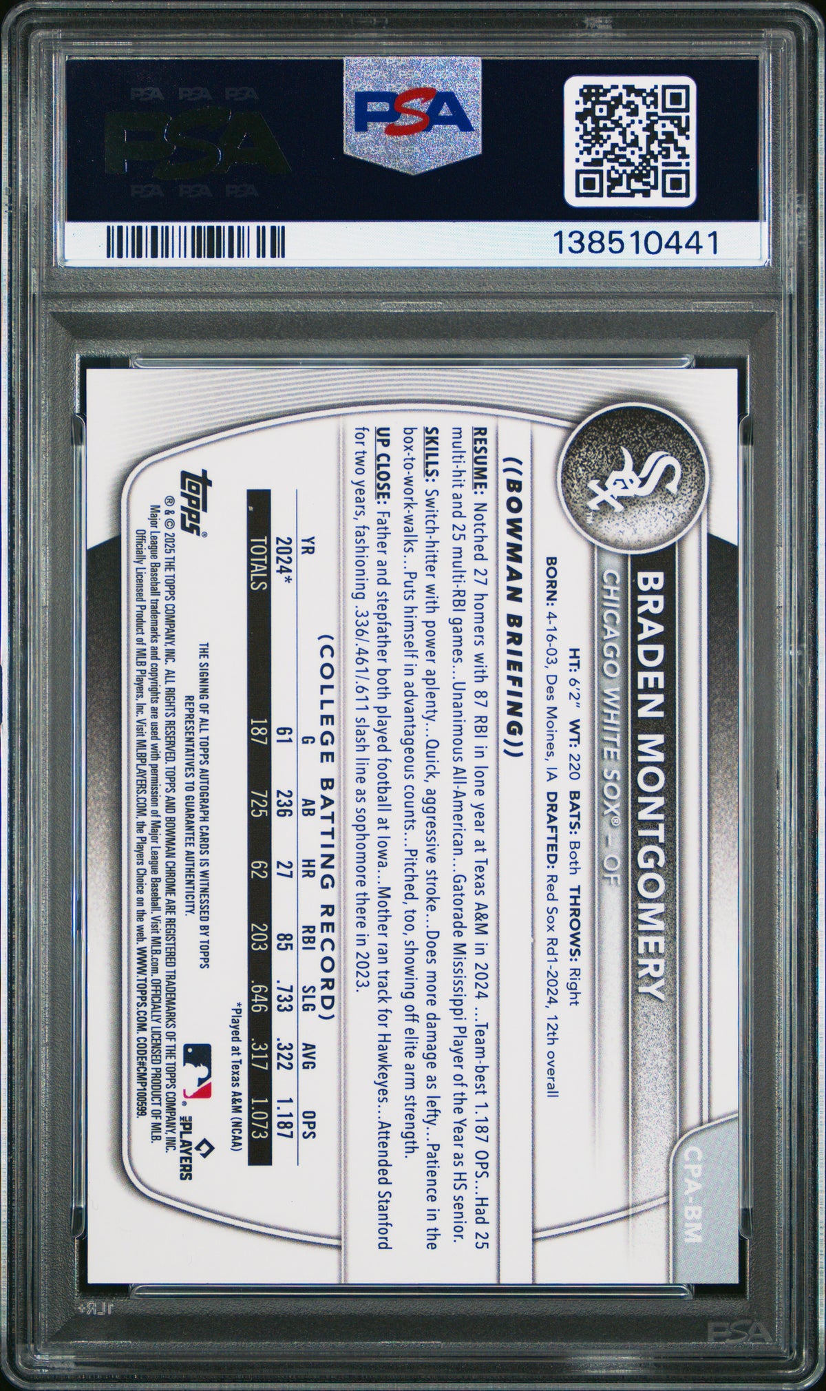 2025 Bowman Chrome Prospect Auto #CPABM Green Grass Braden Montgomery PSA 10 #99