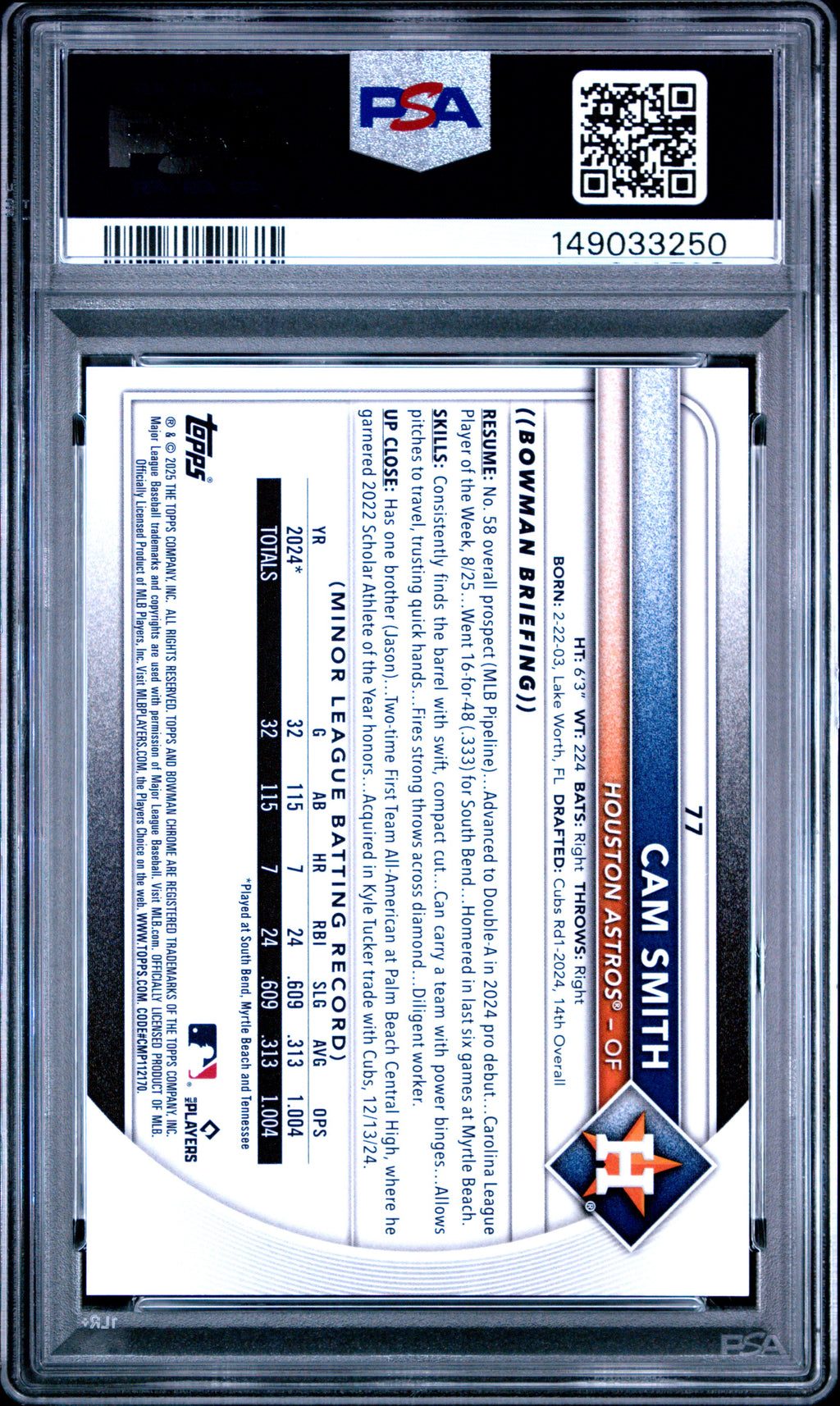 2025 Bowman Chrome Bowman #77 Cam Smith PSA 10