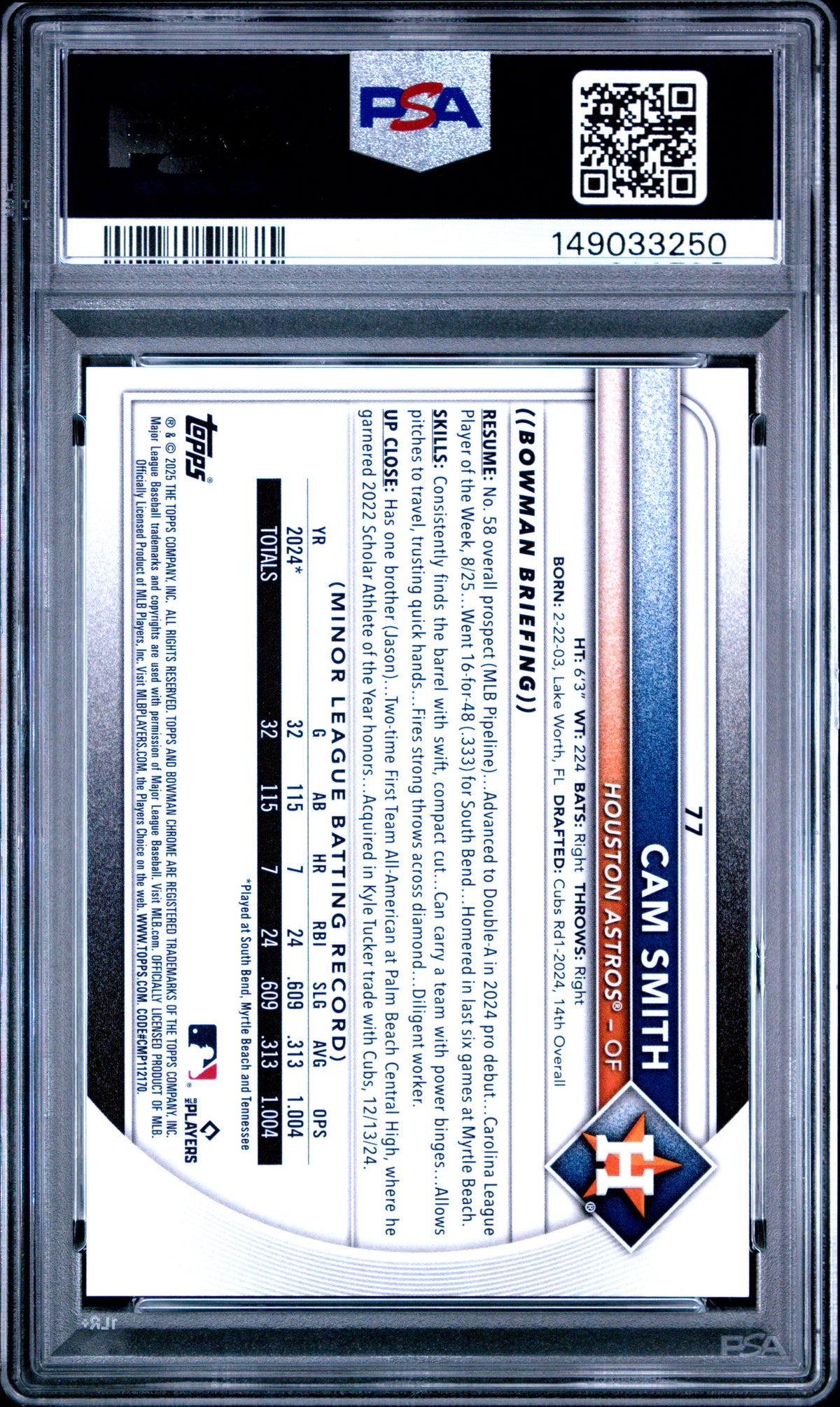 2025 Bowman Chrome Bowman #77 Cam Smith PSA 10