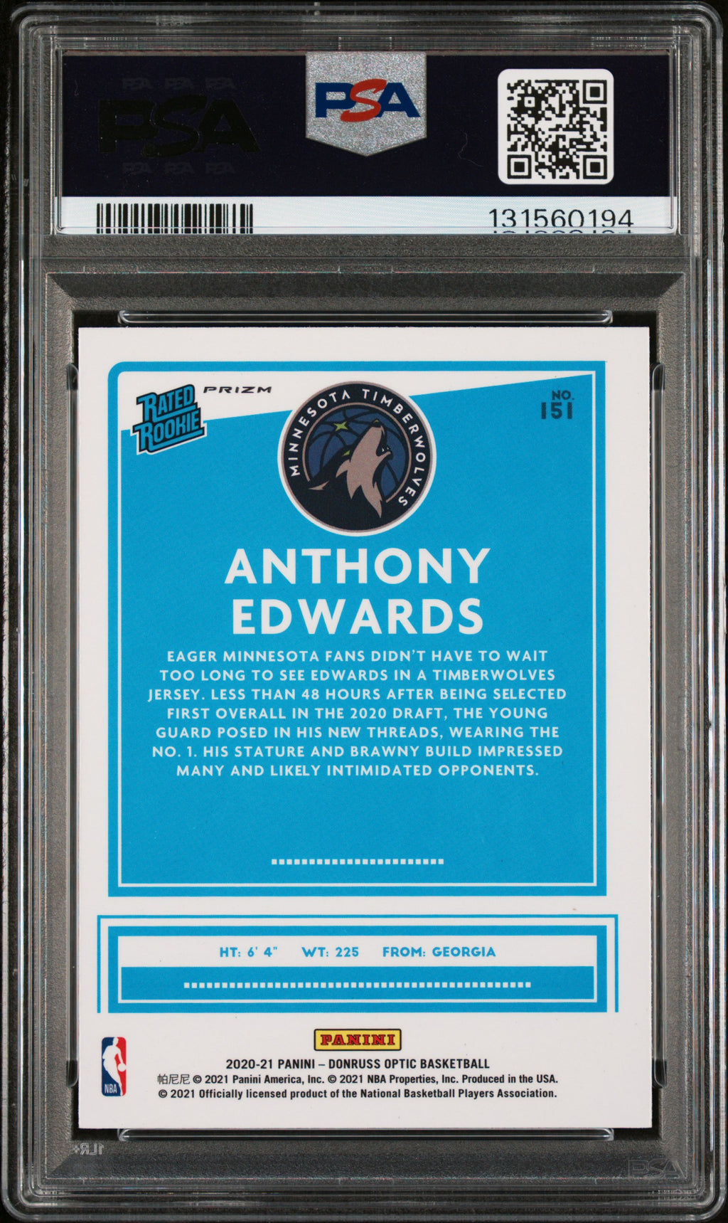 2020 Panini Donruss Optic Donruss #151 Anthony Edwards PSA 10
