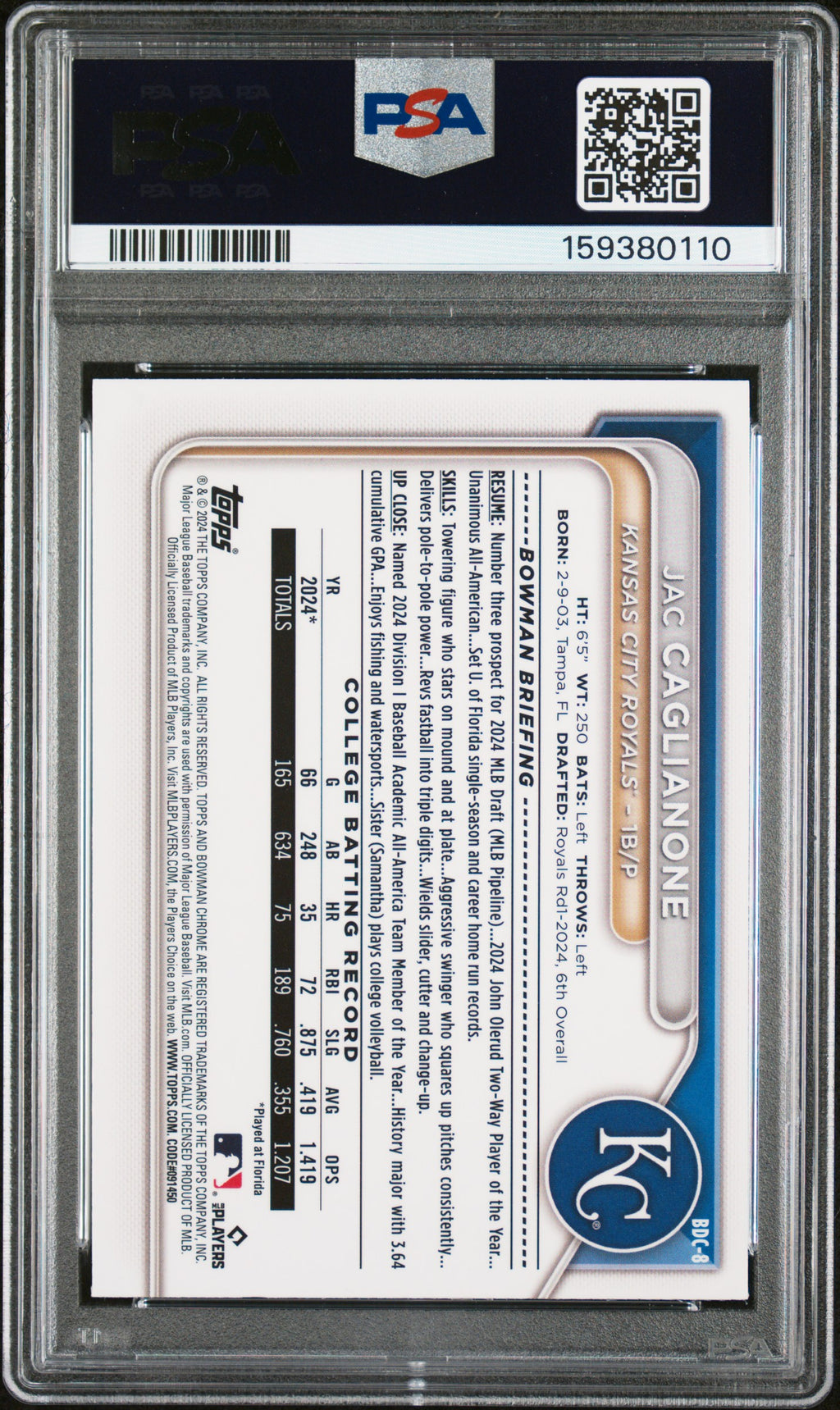 2024 Bowman Draft Bowman #BDC8 Jac Caglianone PSA 9