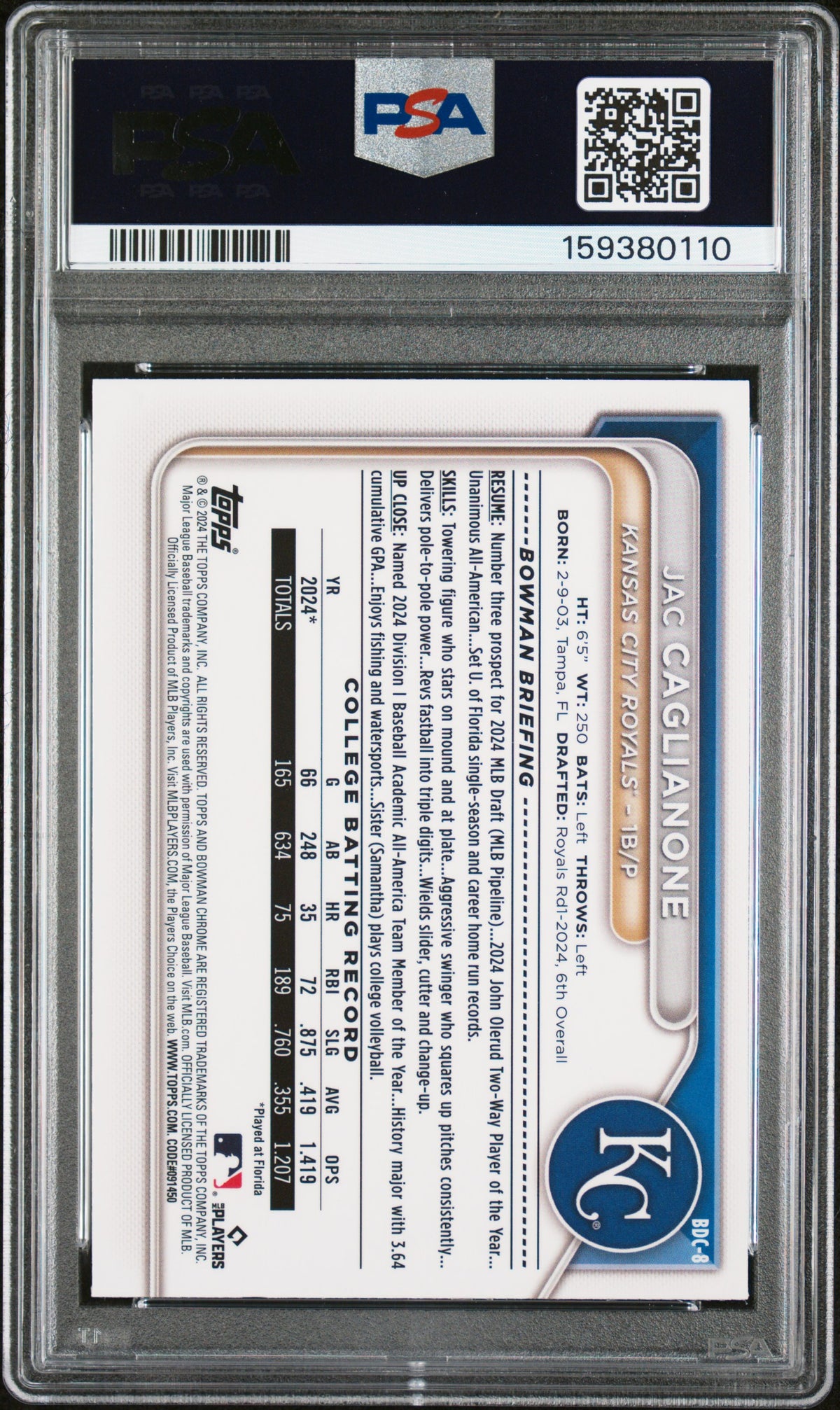 2024 Bowman Draft Bowman #BDC8 Jac Caglianone PSA 9