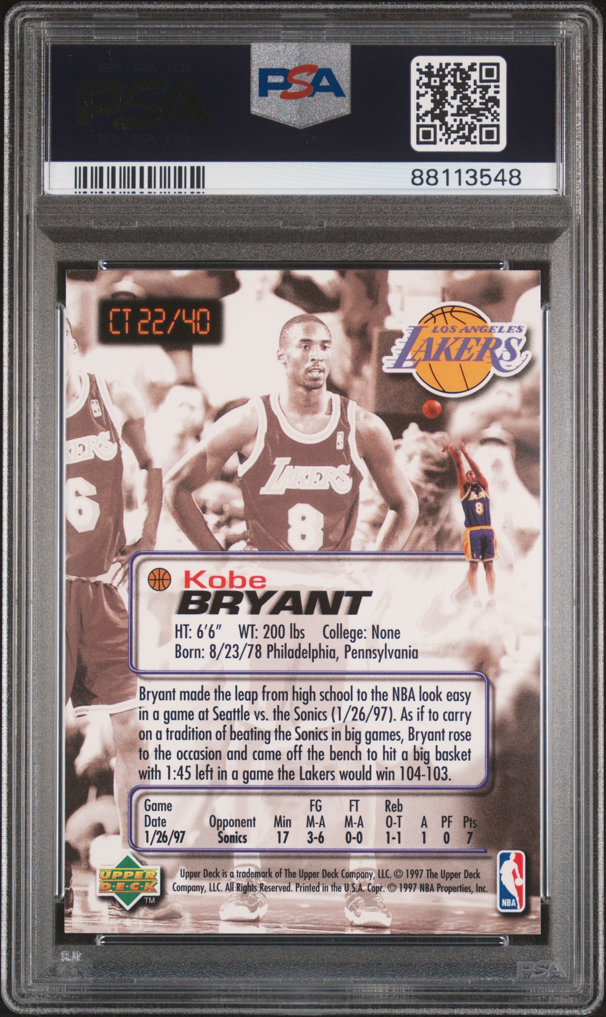1997 Upper Deck Nestle Crunch Upper Deck #CT22 Kobe Bryant PSA 9