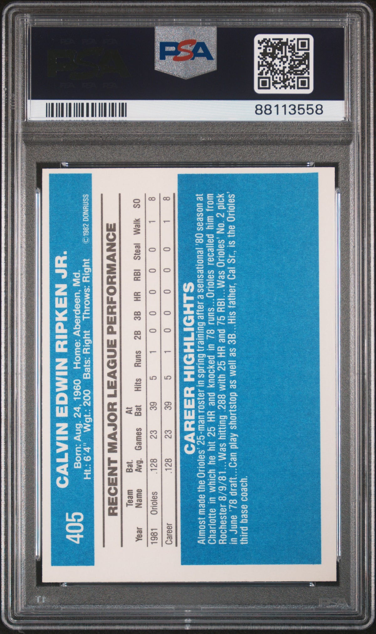 1982 Donruss Donruss #405 Cal Ripken Jr. PSA 8