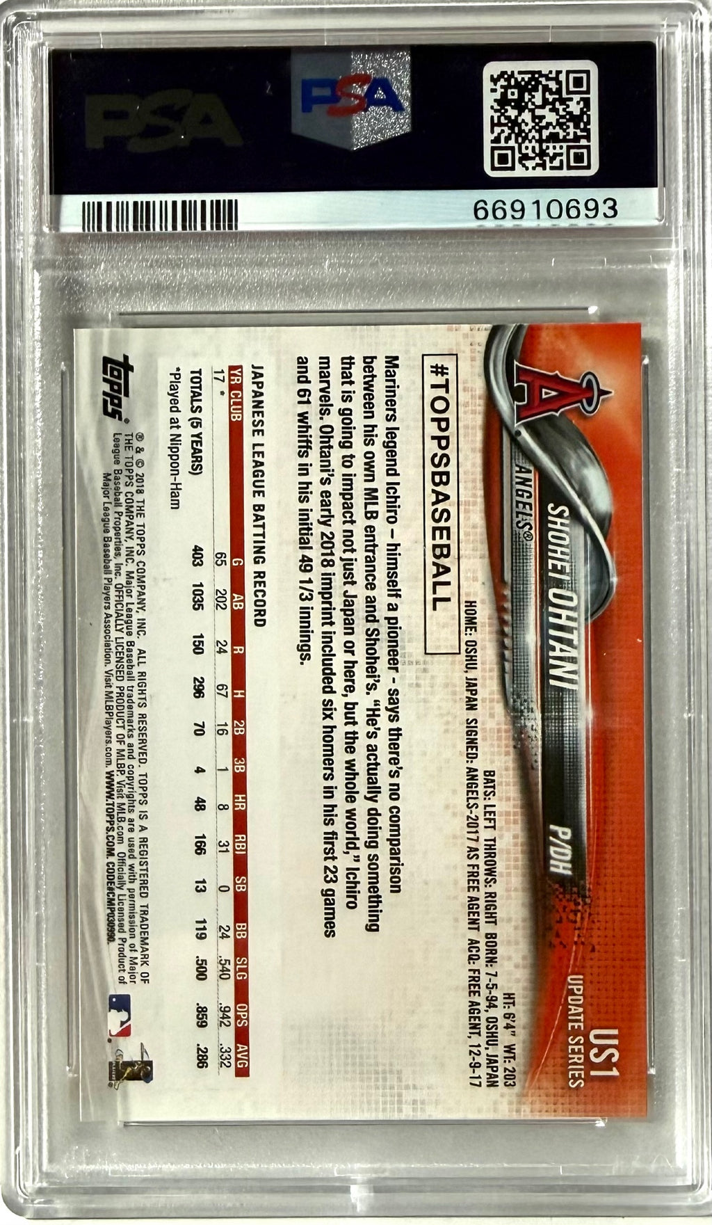 2018 Topps Update #US1 Shohei Ohtani PSA 9
