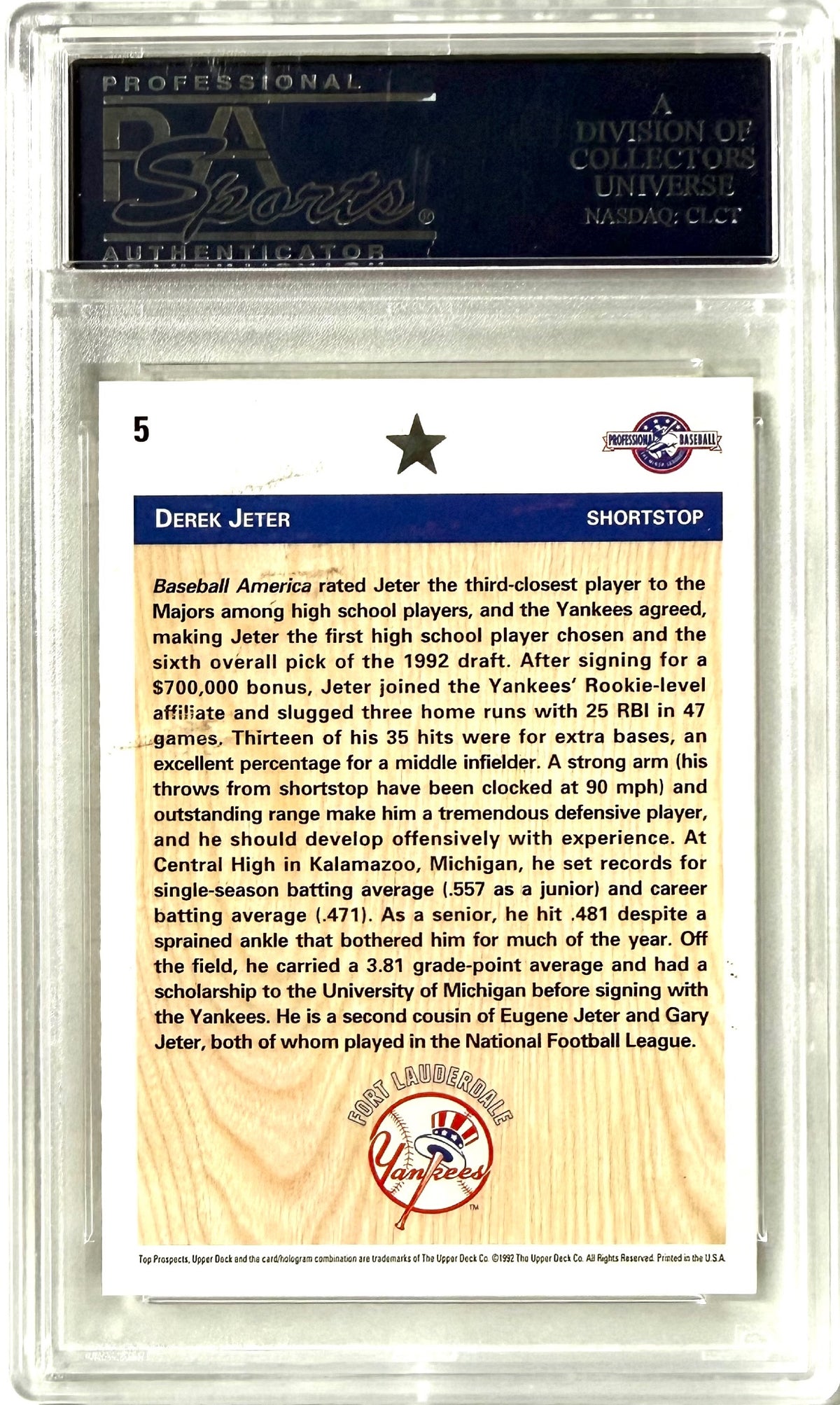 1992 Upper Deck Minor League Upper Deck #5 Derek Jeter PSA 10