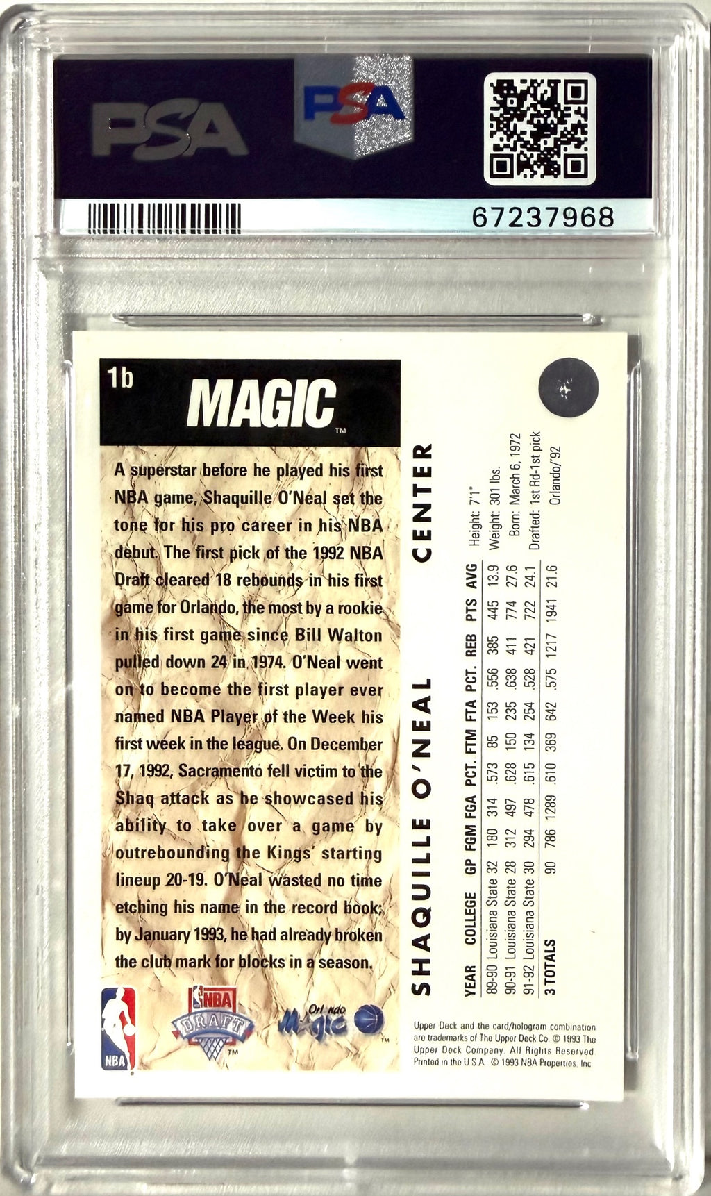 1992-93 Upper Deck Upper Deck #1b Shaquille O'Neal