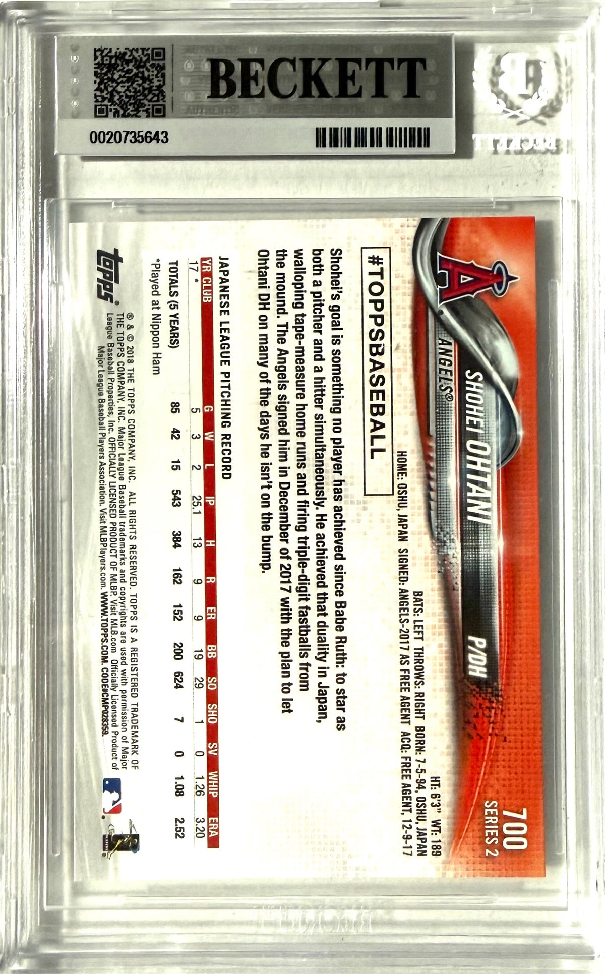 2018 Topps RC #700 Shohei Ohtani BGS 9
