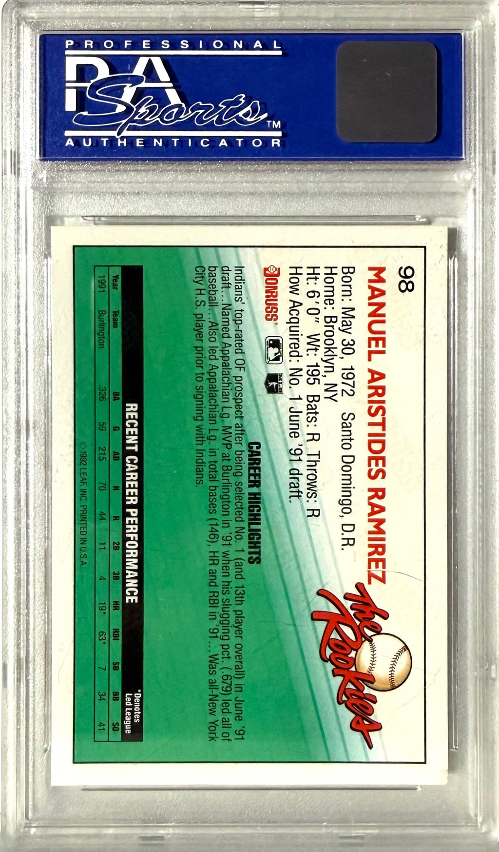 1992 Donruss The Rookies Donruss RC #98 Manny Ramirez PSA 9